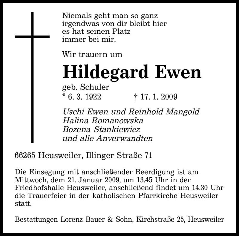  Traueranzeige für Hildegard Ewen vom 19.01.2009 aus SAARBRÜCKER ZEITUNG