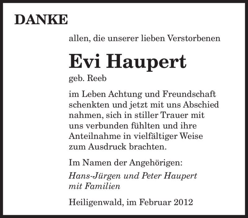  Traueranzeige für Evi Haupert vom 18.02.2012 aus SAARBRÜCKER ZEITUNG