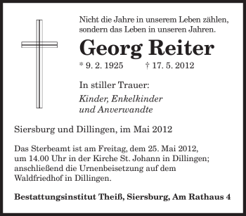 Traueranzeige von Georg Reiter von SAARBRÜCKER ZEITUNG