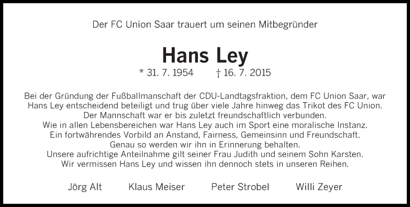  Traueranzeige für Hans Ley vom 20.07.2015 aus saarbruecker_zeitung