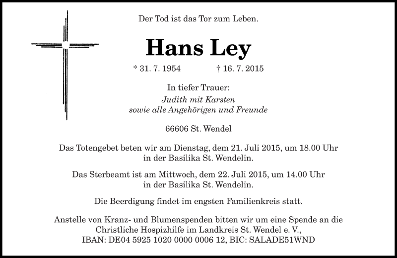 Traueranzeige für Hans Ley vom 18.07.2015 aus saarbruecker_zeitung
