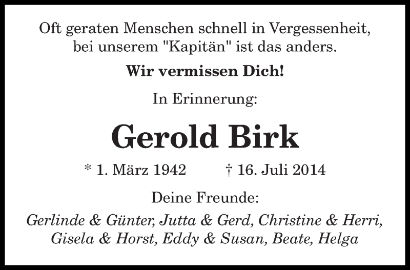  Traueranzeige für Gerold Birk vom 16.07.2015 aus saarbruecker_zeitung