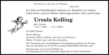 Traueranzeige von Urula Kolling von saarbruecker_zeitung