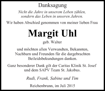 Traueranzeige von Margit Uhl von saarbruecker_zeitung