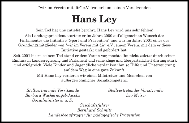  Traueranzeige für Hans Ley vom 21.07.2015 aus saarbruecker_zeitung
