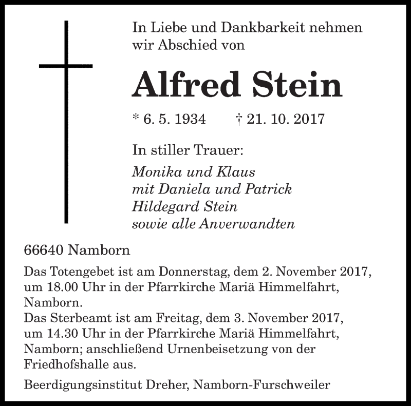  Traueranzeige für Alfred Stein vom 28.10.2017 aus saarbruecker_zeitung