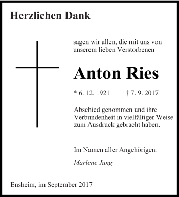 Traueranzeige von Anton Ries von saarbruecker_zeitung