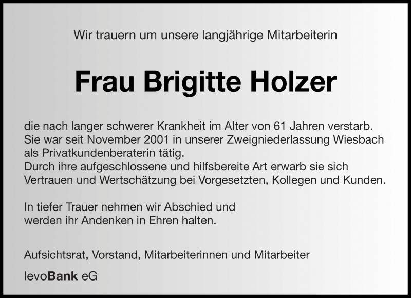  Traueranzeige für Brigitte Holzer vom 16.10.2017 aus saarbruecker_zeitung