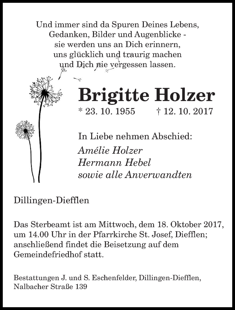  Traueranzeige für Brigitte Holzer vom 16.10.2017 aus saarbruecker_zeitung