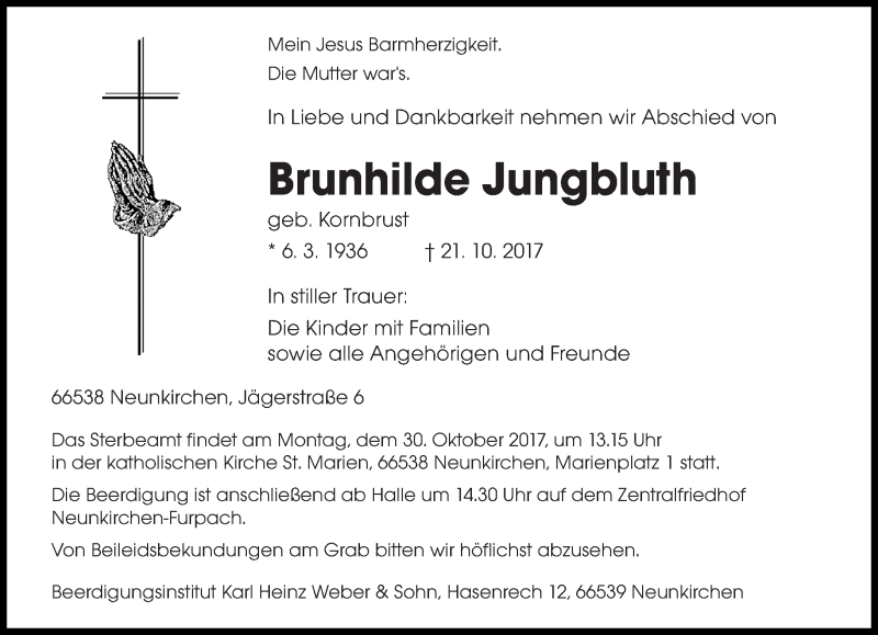  Traueranzeige für Brunhilde Jungbluth vom 26.10.2017 aus saarbruecker_zeitung