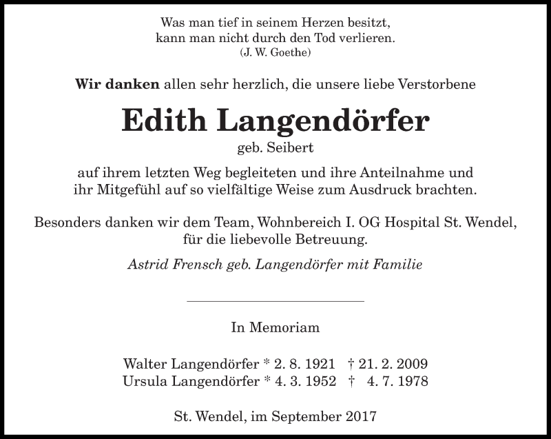  Traueranzeige für Edith Langendörfer vom 30.09.2017 aus saarbruecker_zeitung