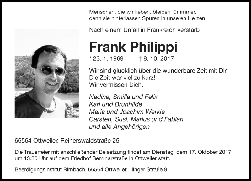  Traueranzeige für Frank Philippi vom 16.10.2017 aus saarbruecker_zeitung