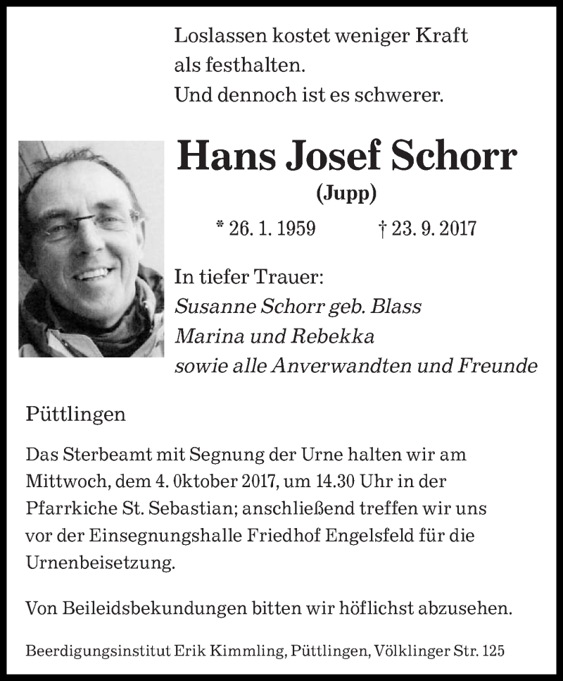  Traueranzeige für Hans Josef Schorr vom 30.09.2017 aus saarbruecker_zeitung