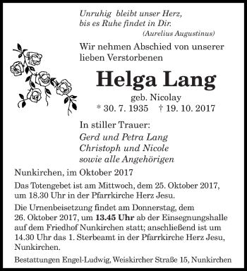 Traueranzeige von Helga Lang von saarbruecker_zeitung