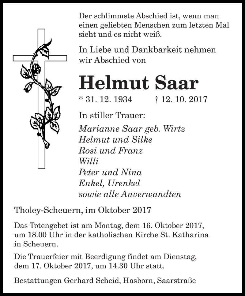  Traueranzeige für Helmut Saar vom 14.10.2017 aus saarbruecker_zeitung