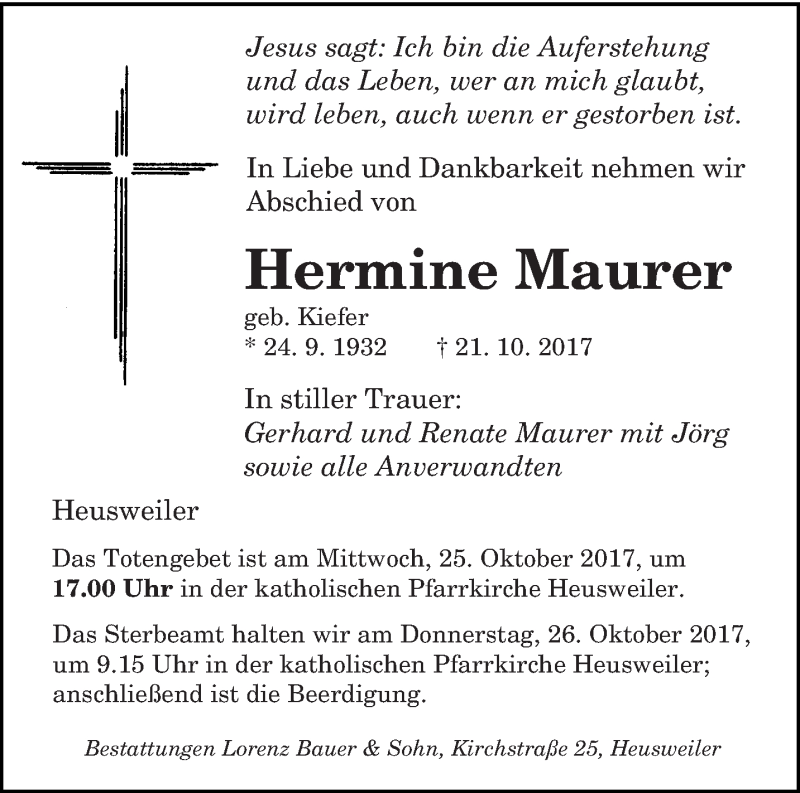  Traueranzeige für Hermine Maurer vom 24.10.2017 aus saarbruecker_zeitung