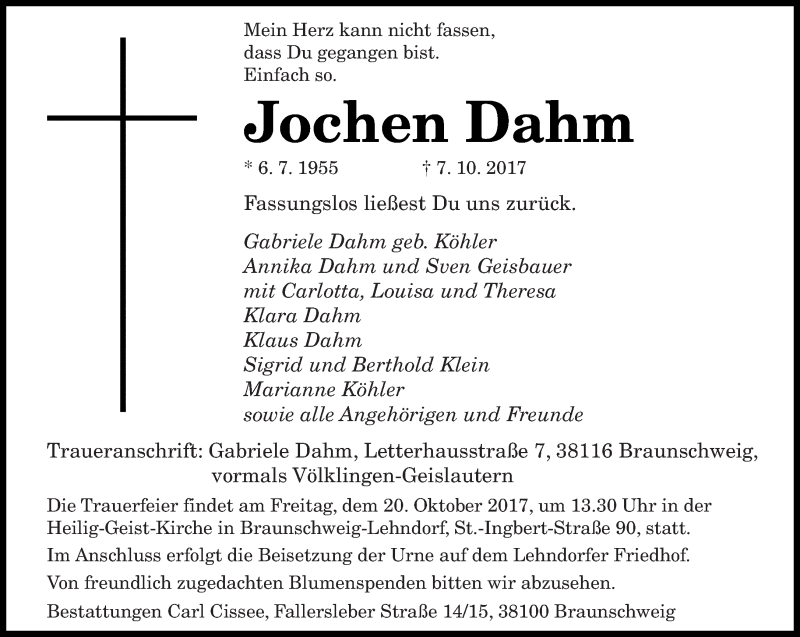  Traueranzeige für Jochen Dahm vom 14.10.2017 aus saarbruecker_zeitung