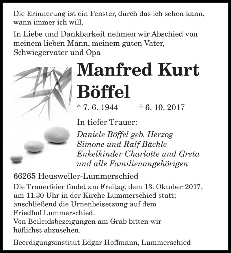  Traueranzeige für Manfred Kurt Böffel vom 11.10.2017 aus saarbruecker_zeitung