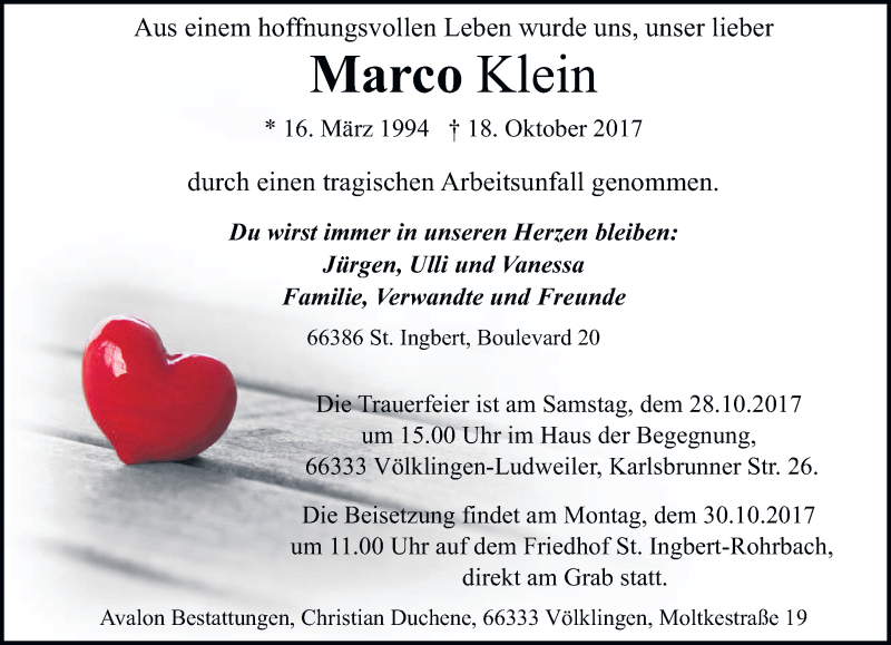 Traueranzeige für Marco Klein vom 25.10.2017 aus saarbruecker_zeitung