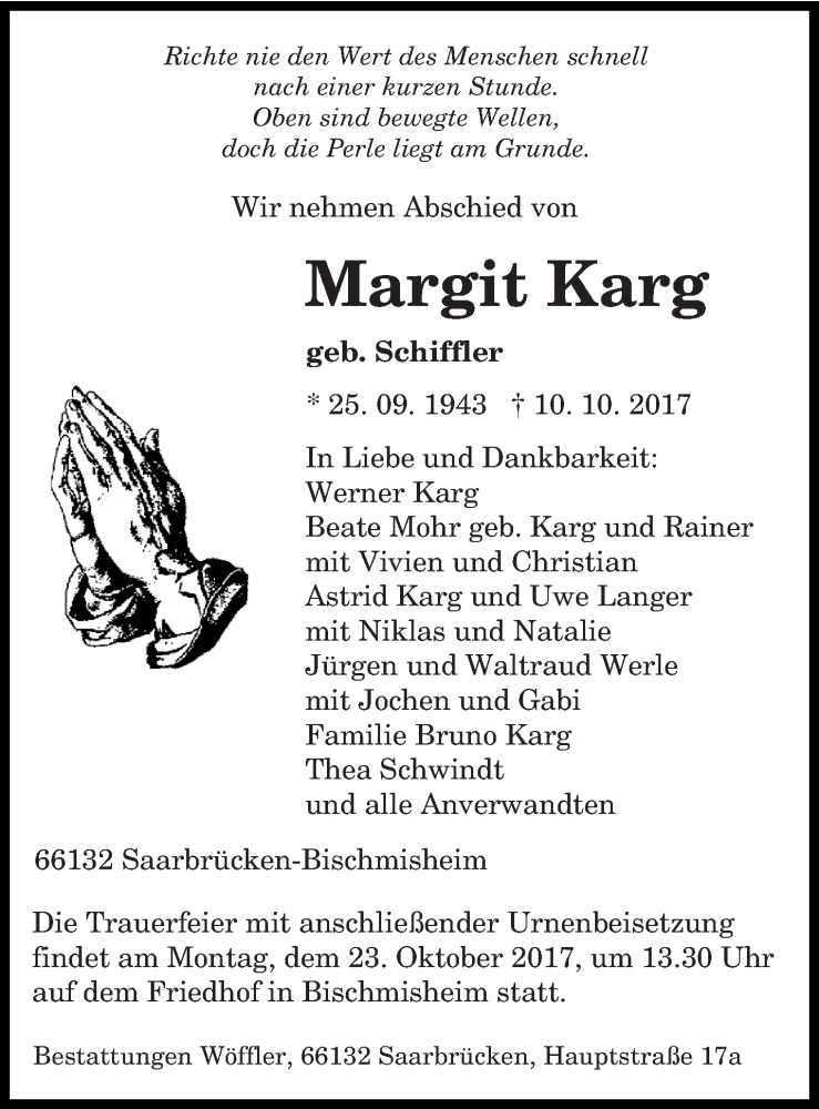  Traueranzeige für Margit Karg vom 18.10.2017 aus saarbruecker_zeitung