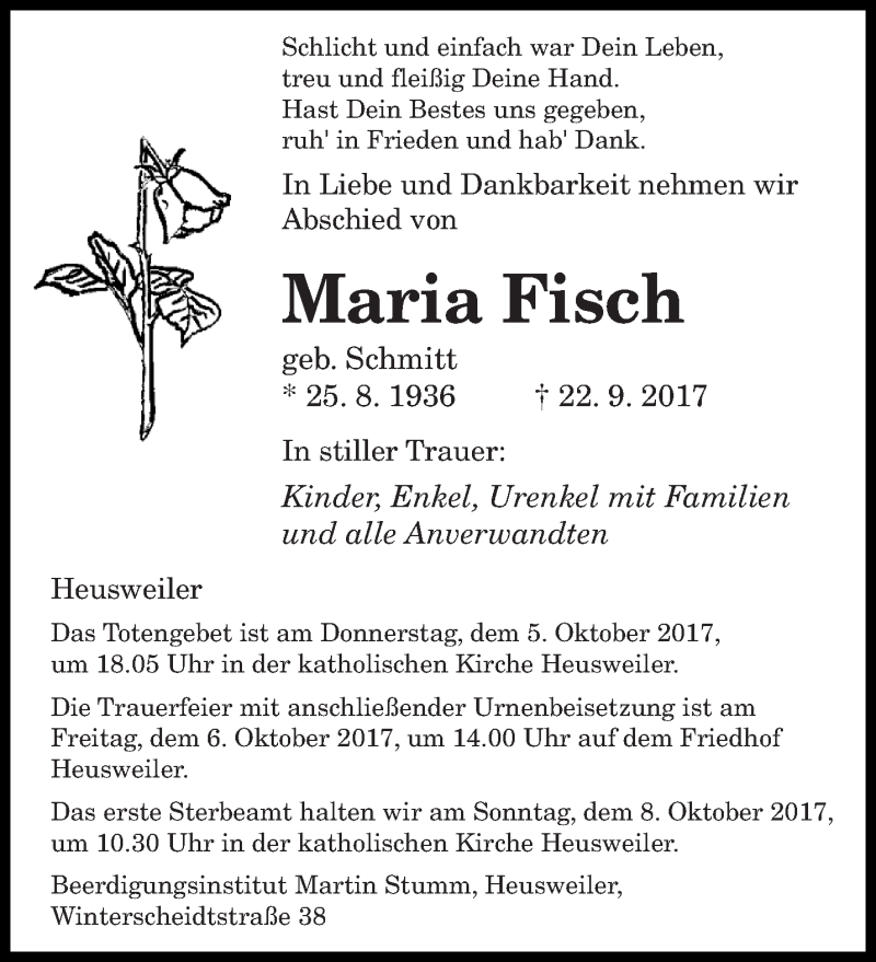  Traueranzeige für Maria Fisch vom 30.09.2017 aus saarbruecker_zeitung