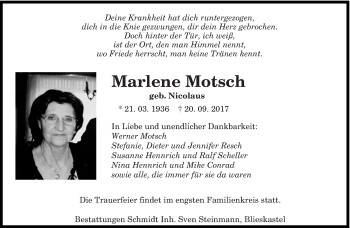 Traueranzeige von Marlene Motsch von saarbruecker_zeitung