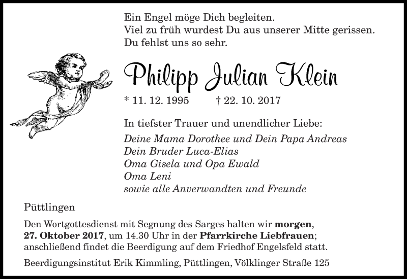  Traueranzeige für Philipp Julian Klein vom 26.10.2017 aus saarbruecker_zeitung