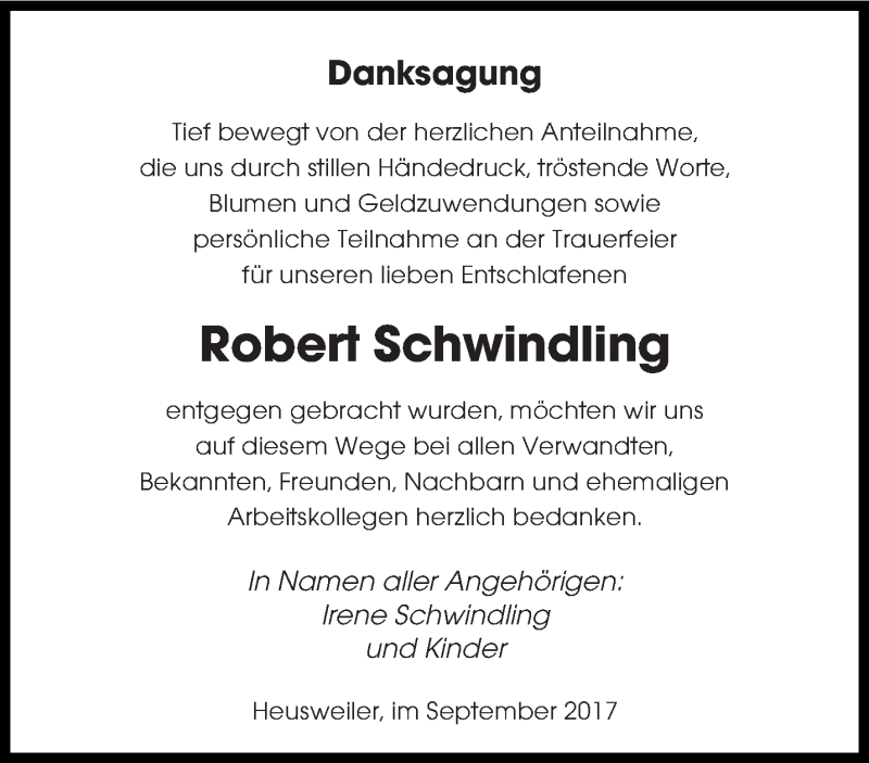  Traueranzeige für Robert Schwindling vom 30.09.2017 aus saarbruecker_zeitung