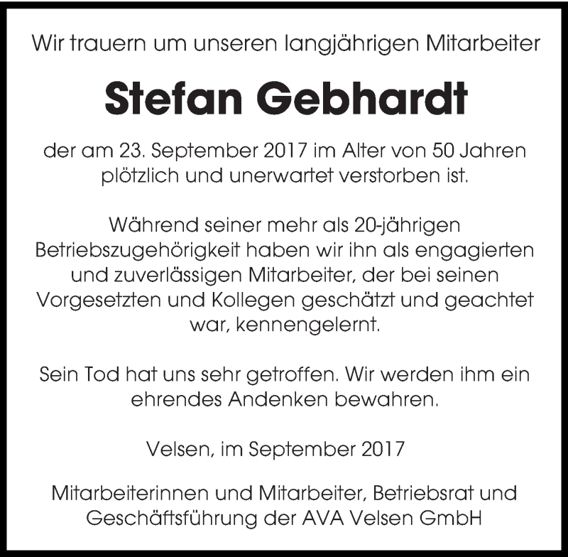  Traueranzeige für Stefan Gebhardt vom 30.09.2017 aus saarbruecker_zeitung