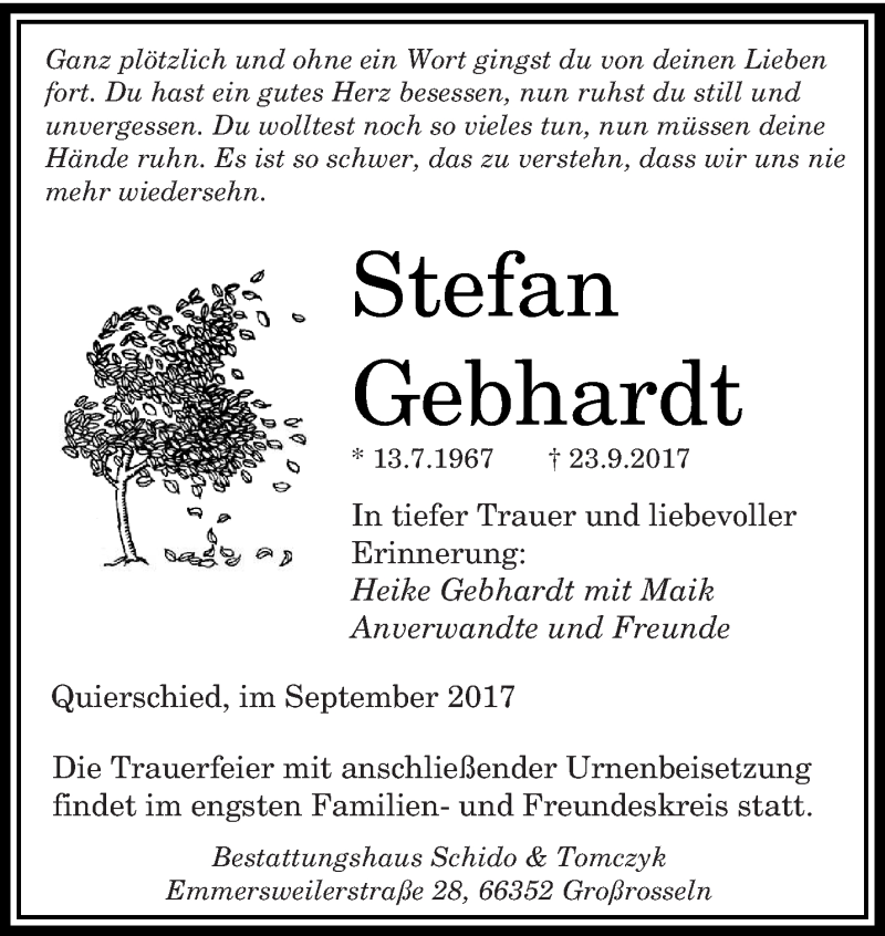  Traueranzeige für Stefan Gebhardt vom 30.09.2017 aus saarbruecker_zeitung
