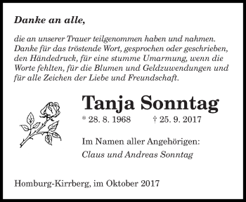 Traueranzeige von Tanja Sonntag von saarbruecker_zeitung