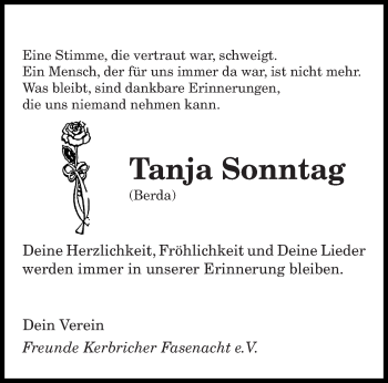 Traueranzeige von Tanja Sonntag von saarbruecker_zeitung