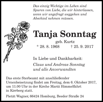 Traueranzeige von Tanja Sonntag von saarbruecker_zeitung