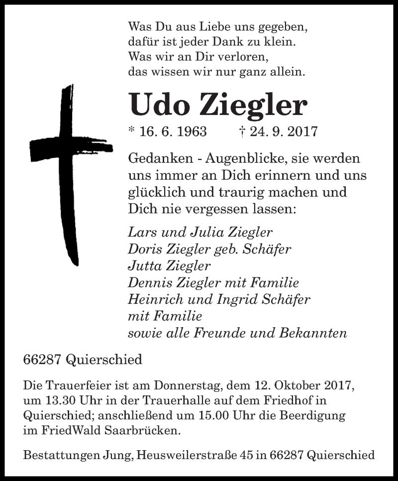  Traueranzeige für Udo Ziegler vom 07.10.2017 aus saarbruecker_zeitung