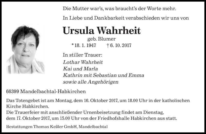  Traueranzeige für Ursula Wahrheit vom 13.10.2017 aus saarbruecker_zeitung