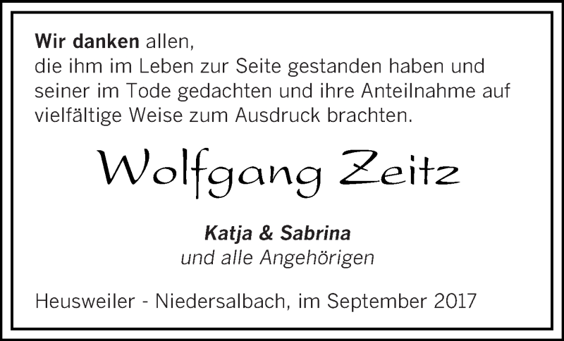  Traueranzeige für Wolfgang Zeitz vom 07.10.2017 aus saarbruecker_zeitung