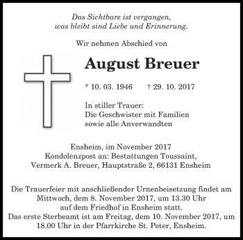 Traueranzeige von August Breuer von saarbruecker_zeitung