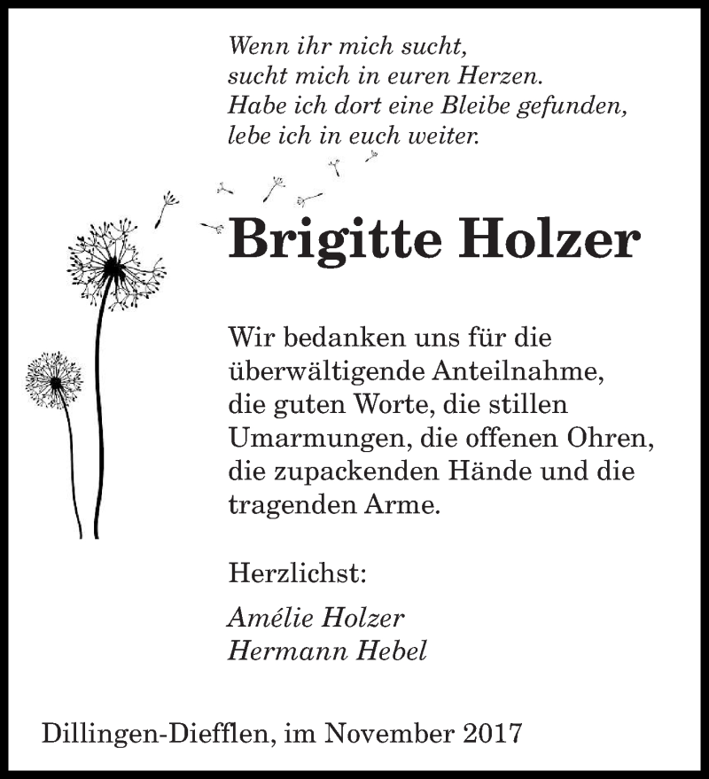  Traueranzeige für Brigitte Holzer vom 17.11.2017 aus saarbruecker_zeitung