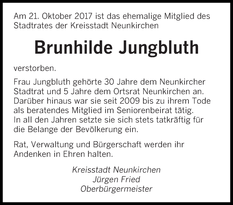  Traueranzeige für Brunhilde Jungbluth vom 03.11.2017 aus saarbruecker_zeitung