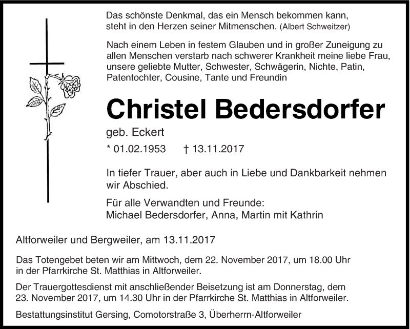  Traueranzeige für Christel Bedersdorfer vom 18.11.2017 aus saarbruecker_zeitung
