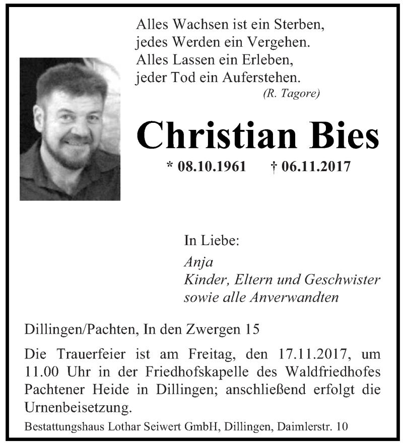  Traueranzeige für Christian Bies vom 11.11.2017 aus saarbruecker_zeitung