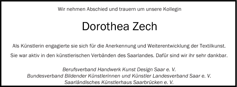  Traueranzeige für Dorothea Zech vom 11.11.2017 aus saarbruecker_zeitung