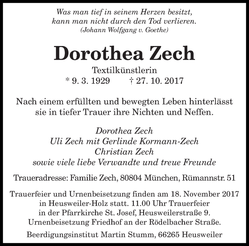  Traueranzeige für Dorothea Zech vom 11.11.2017 aus saarbruecker_zeitung
