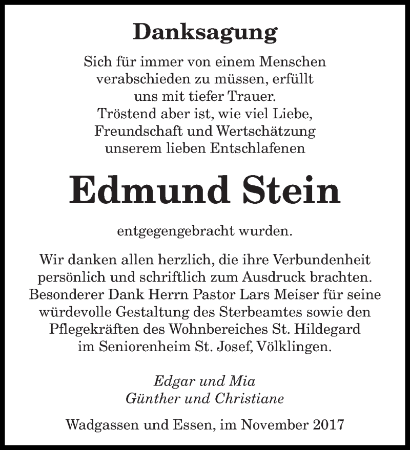  Traueranzeige für Edmund Stein vom 18.11.2017 aus saarbruecker_zeitung