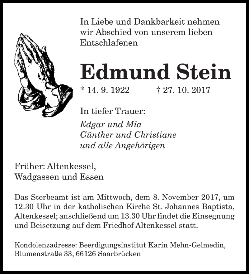  Traueranzeige für Edmund Stein vom 04.11.2017 aus saarbruecker_zeitung