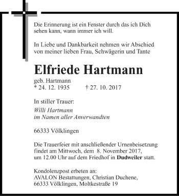 Traueranzeige von Elfriede Hartmann von saarbruecker_zeitung