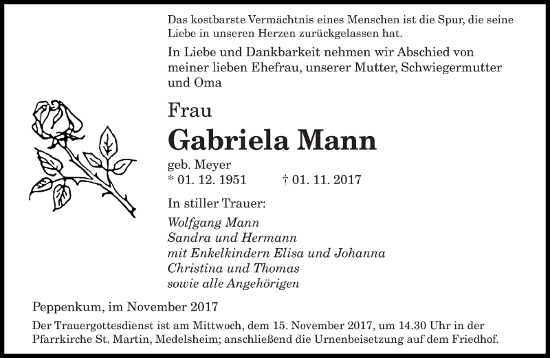  Traueranzeige für Gabriela Mann vom 11.11.2017 aus saarbruecker_zeitung