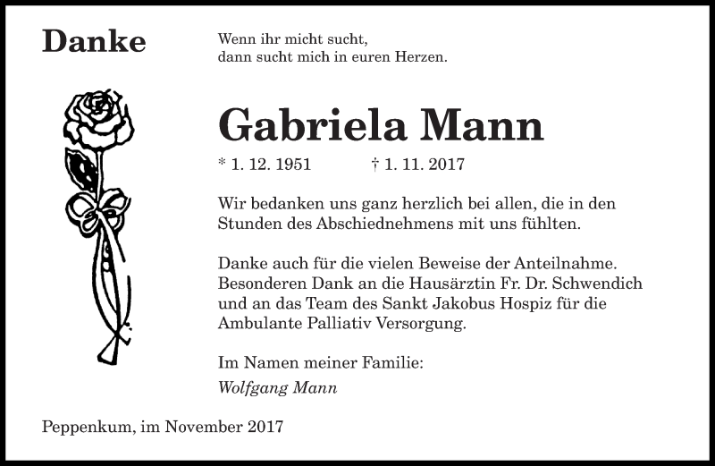  Traueranzeige für Gabriela Mann vom 25.11.2017 aus saarbruecker_zeitung