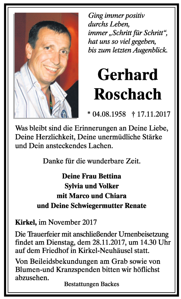  Traueranzeige für Gerhard Roschach vom 24.11.2017 aus saarbruecker_zeitung