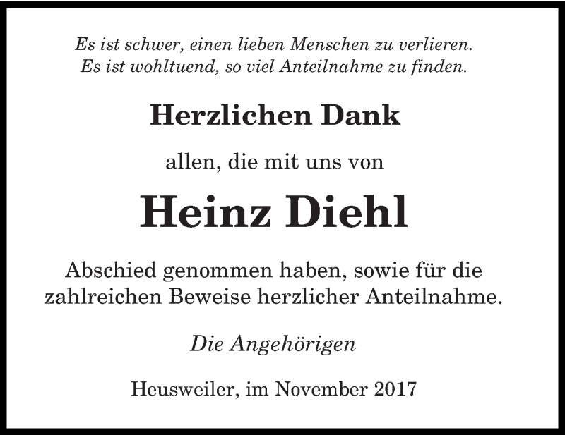  Traueranzeige für Heinz Diehl vom 18.11.2017 aus saarbruecker_zeitung